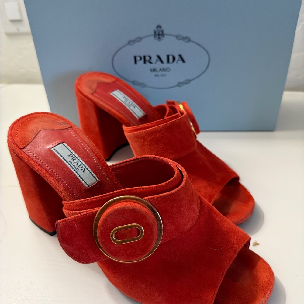 Prada Women's Vibrant Red Mules with Gold Accent size 38